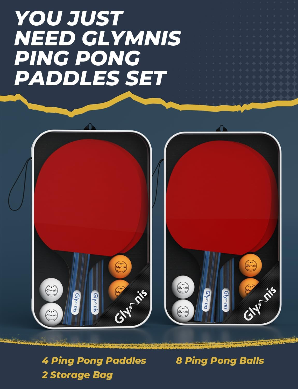 Table Tennis Set of 4 with 8 Balls, Table Tennis Paddle Set with Storage Case, Portable Ping Pong Rackets for Indoor Outdoor Games